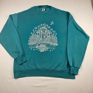 Vintage Gopher Sport Birdhouse Floral Crewneck Sweatshirt Teal Large Christmas
